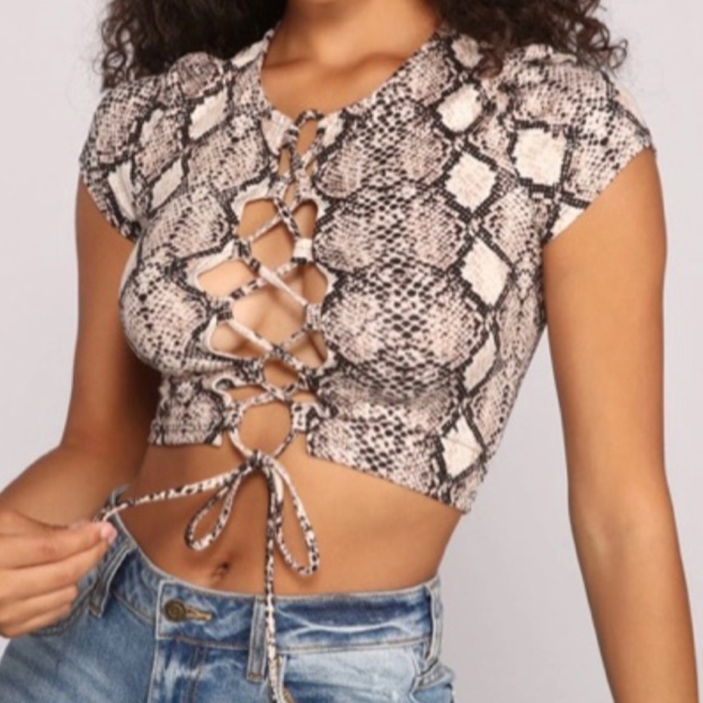snake print open chest crop top